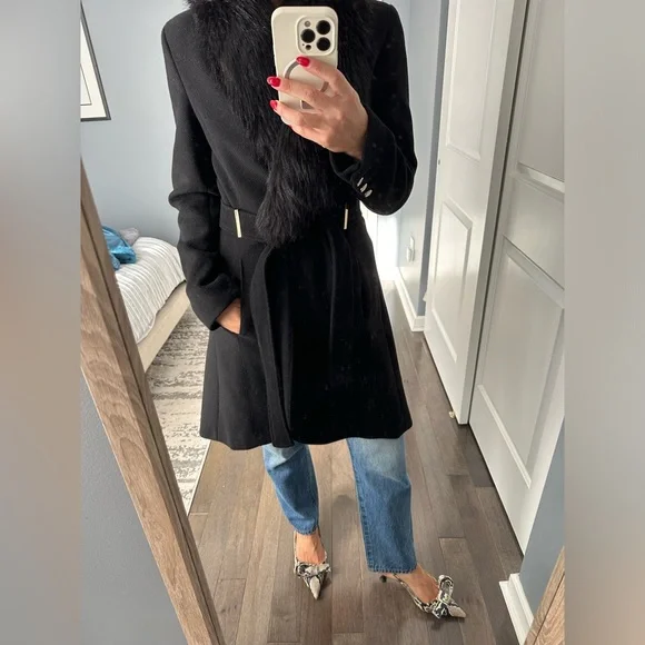 Calvin Klein Black Wool Wrap Coat Detachable Fur Collar Size 6 - Picture 6 of 9